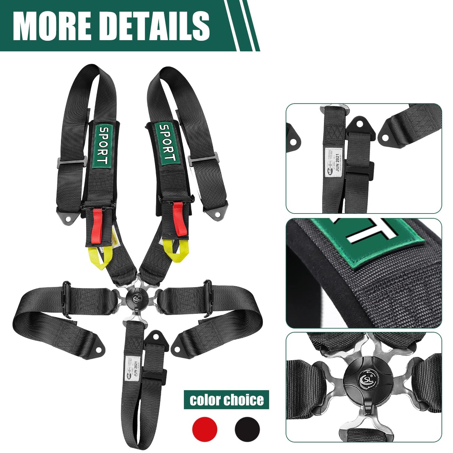 BESTZHEYU 5-Point Racing Harness SFI, 1PC Black Racing Belts 5 Point Harness Sets with Ultra Comfort Heavy Duty 3 Inch Shoulder Pads