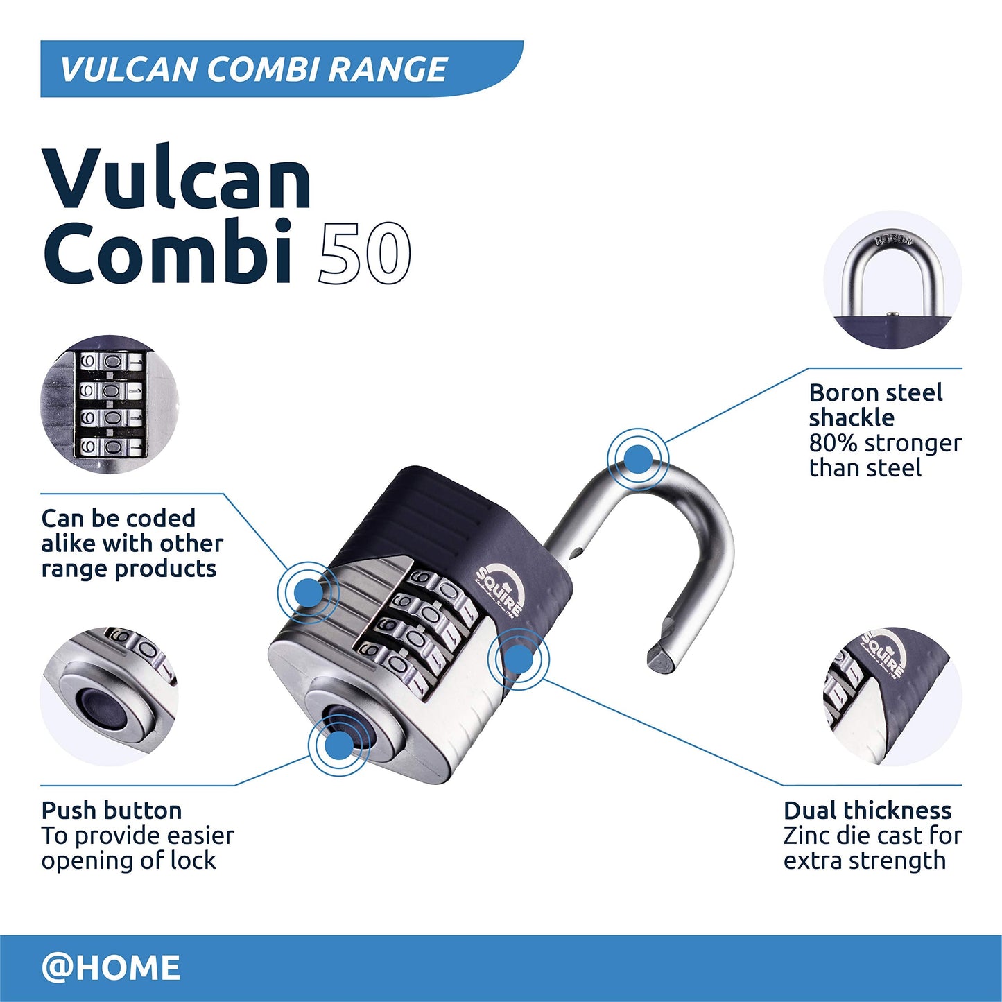 Squire Heavy Duty Padlock (Vulcan Combi 50) - Toughest Open Shackle - 4 Wheel Vulcan Padlock - Steel Cast Alloy for Corrosion Resistance - Weatherproof Lock for Home, School & Shed (Blue, 2")"