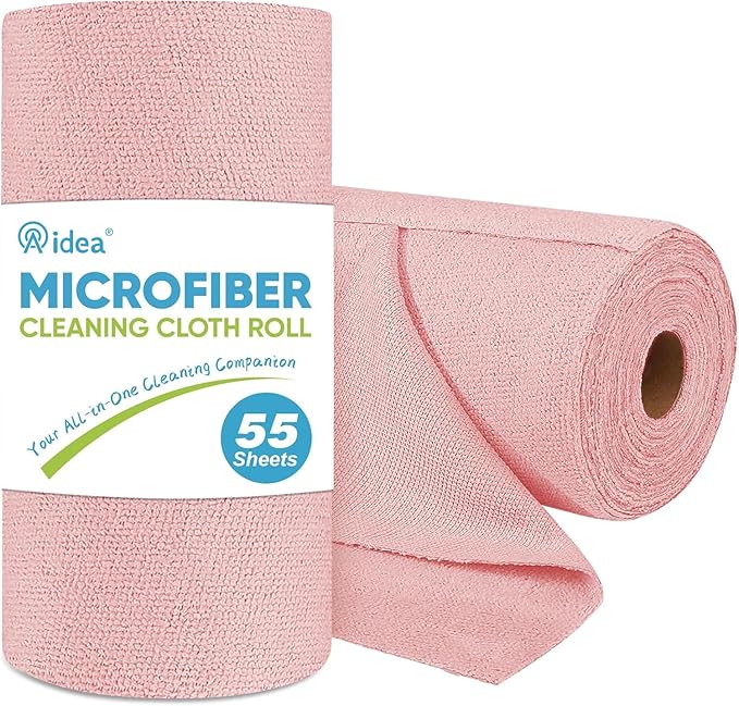 AIDEA Microfiber Cleaning Cloth Roll, 55 Sheets, Pink Towel, Microfiber Towels for Cars, Reusable Paper Towels, Shop Rags Washable, Cleaning Rags for Automotive, House, Kitchen, Cleaning Supplies11Ã9"