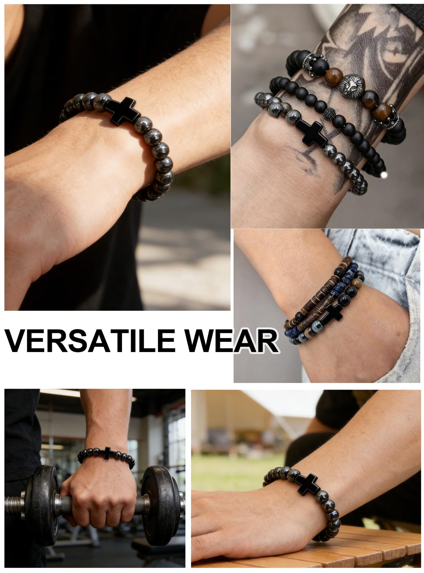MOJOROUS Hematite Cross Bracelet for Men 8mm Black Obsidian Hematite Tiger Eye Beaded Natural Stone Protection Bracelets Birthday Jewelry Gifts Cross Christian Gift for Him Husband Son