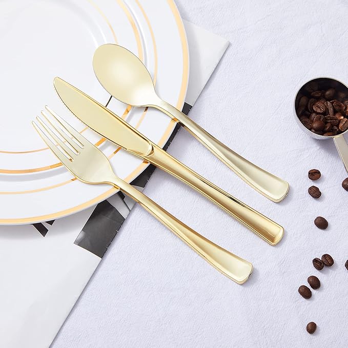 N9R 300PCS Gold Plastic Silverware, Heavy Duty Gold Plastic Cutlery Set Disposable Flatware Dinnerware, 100 Forks, 100 Spoons, 100 Knives, Perfect for Party, Wedding and Daily Use