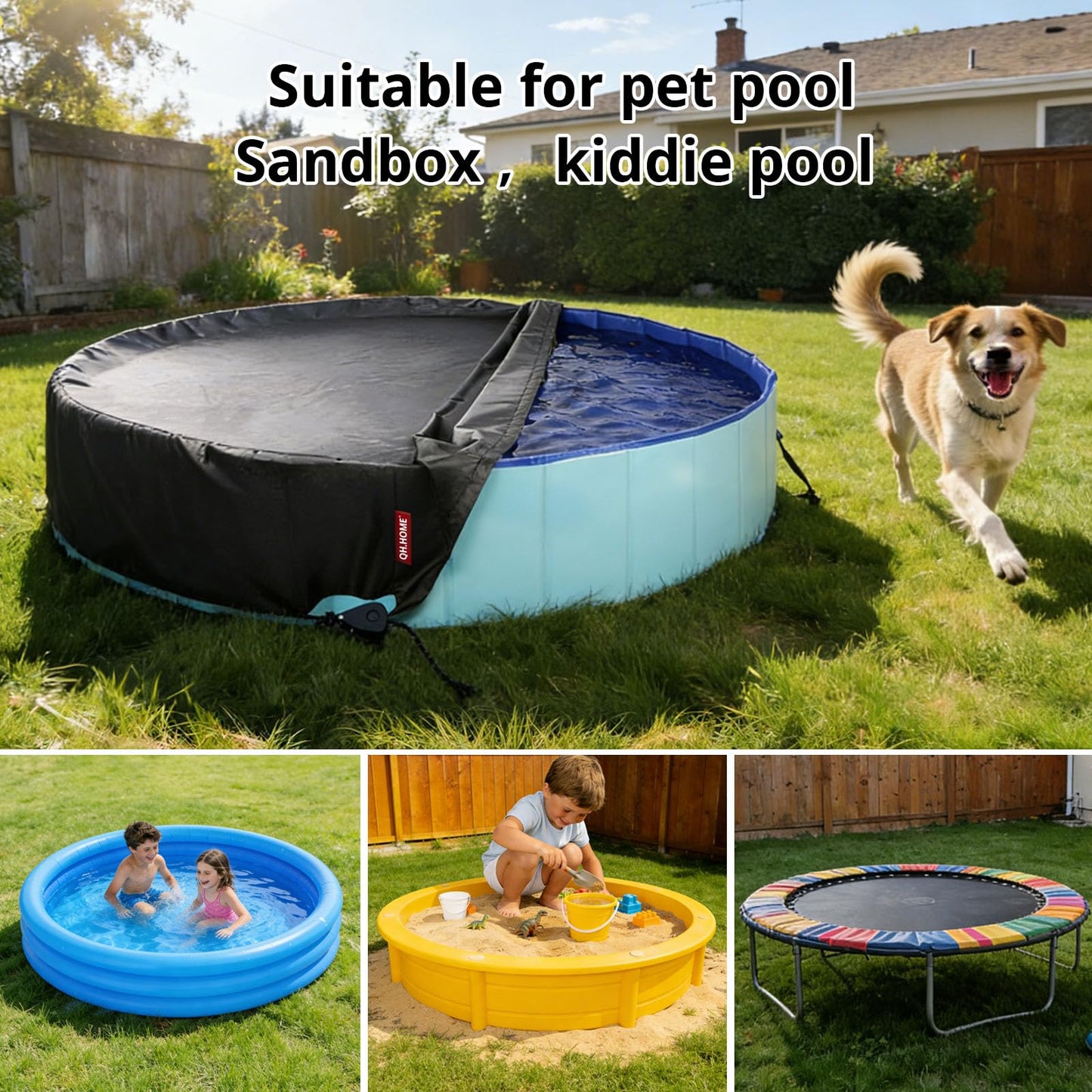 QH.HOME 71-72 inch Foldable Dog Pool Cover Round, Collapsible Pet Swimming Pool Cover for Large Dogs – Waterproof, Odorless Fabric, Ratchet Lock – Kiddie Pool Cover Only