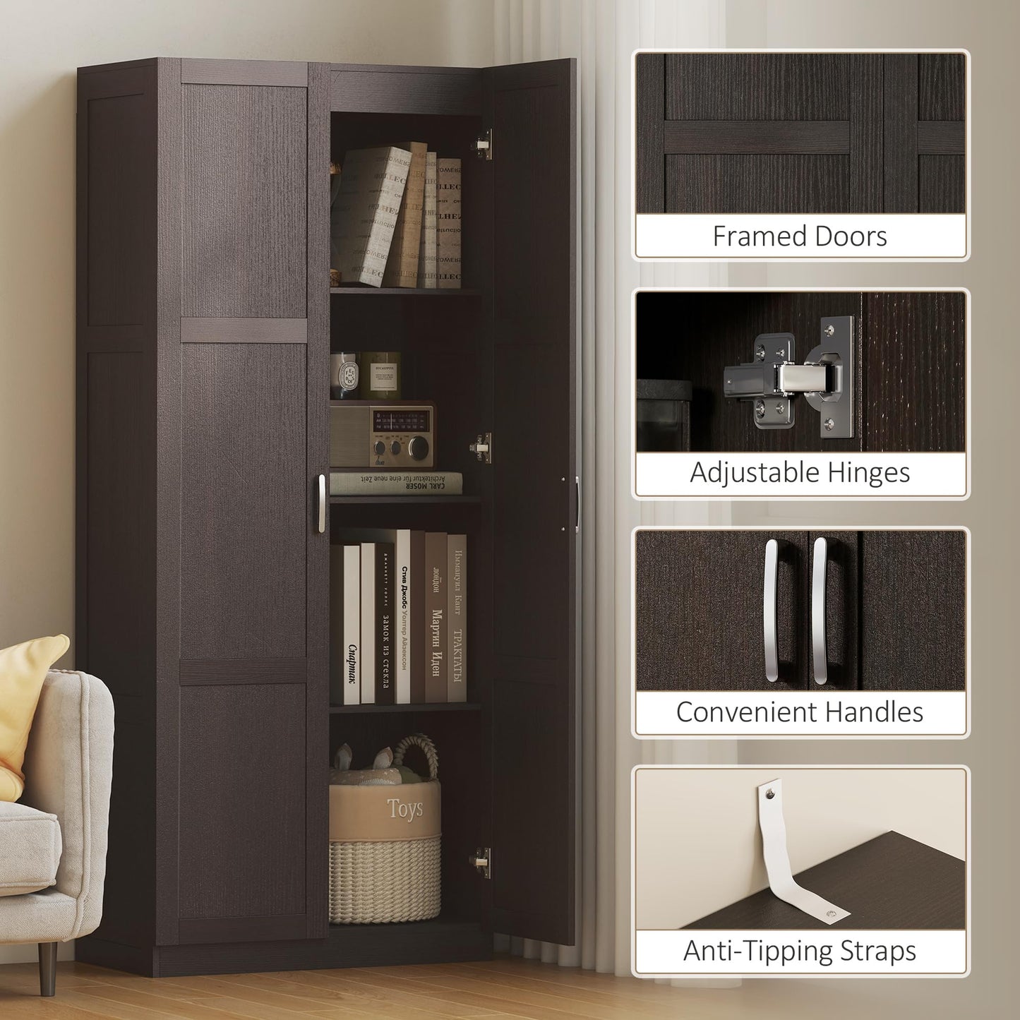 HOMCOM 71" Tall Kitchen Pantry Cabinet with Soft-Close Hinges, Modern Farmhouse Freestanding Pantry Storage Cabinet with 2 Framed Doors, 4 Adjustable Shelves, Espresso