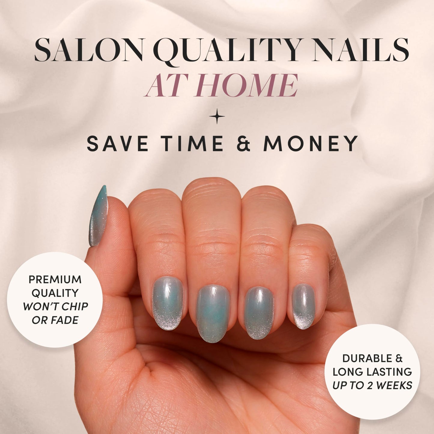 Glamnetic Press-On Nails Bundle - Unicorn Tears, Fairy Dust & Boba | Oval, Misty-Grey Nails with a Metallic Finish | Oval Beige-Pink False Nails with a Metallic Finish | Opaque Black Short