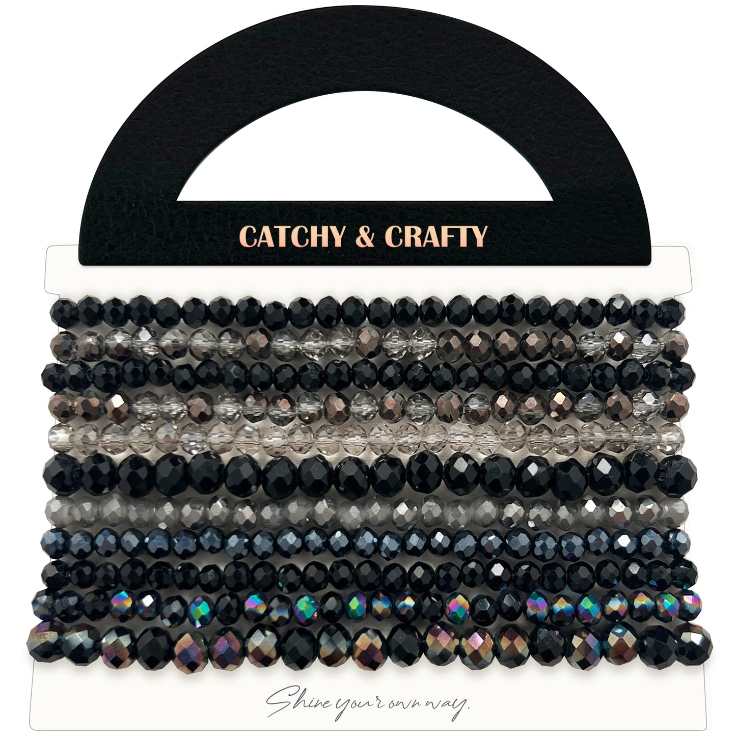 CATCHY & CRAFTY Bracelet Crystal Stretch Stackable Layering Colorful Statement Bracelets Women Glass Beaded Boho Friendship Handmade Bridal Gift (Black Diamond)