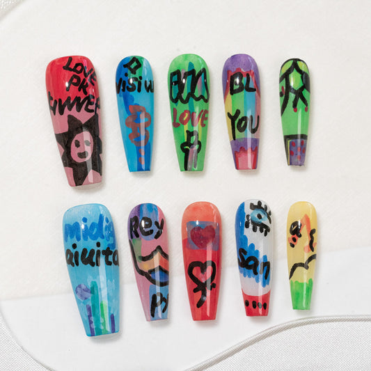 Sun&Beam Nails Handmade Press-on Long Coffin Ballerina Red Blue Hand-Painted Summer Glam Design Fashion False Nail Tips 10 Pcs Set (#270 M)