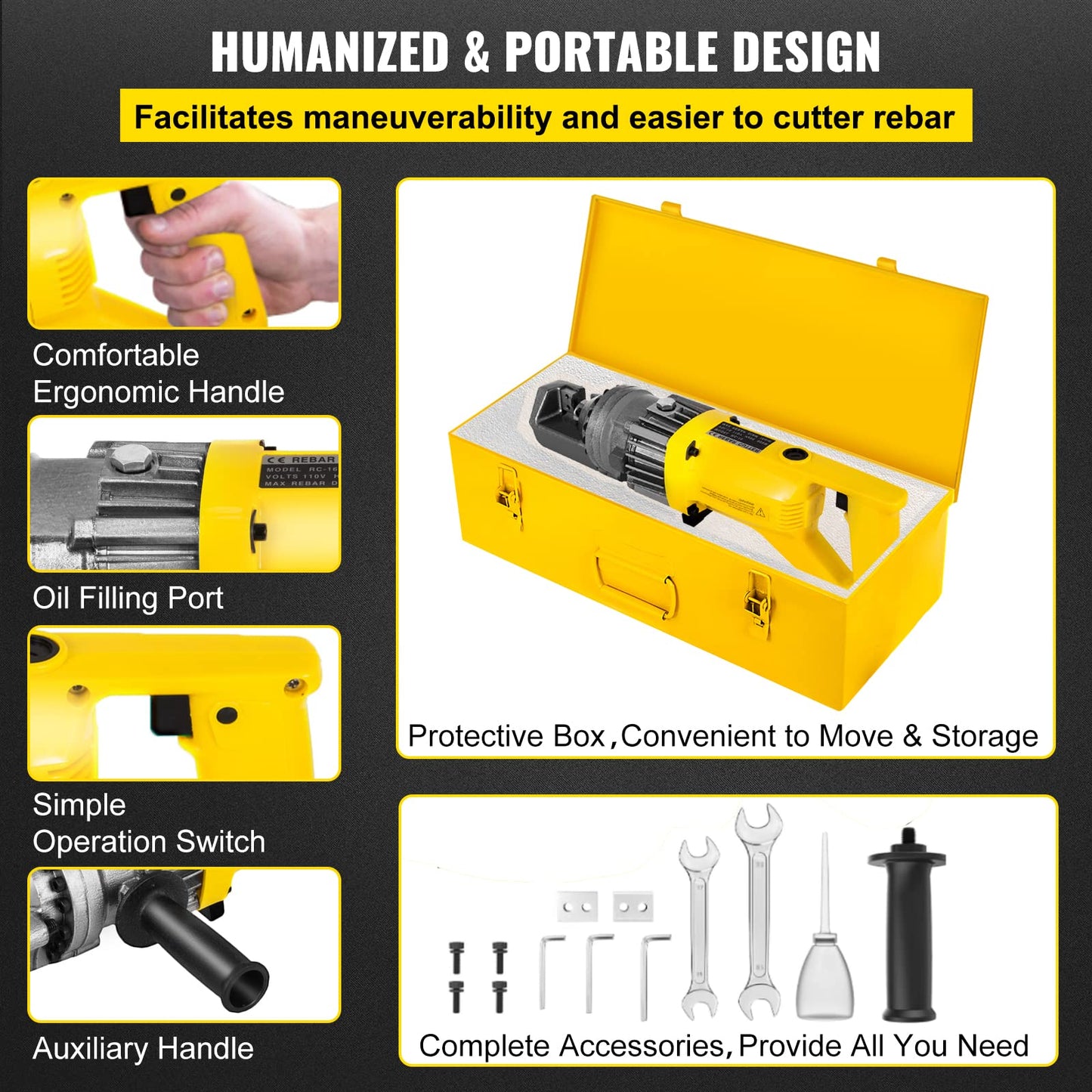 VEVOR Electric Rebar Cutter, 900W Portable Electric Hydraulic Rebar Cutter, Cutting up to 5/8 Inch #5 4-16mm Rebar within 3 Seconds,110V,with Easy to Carry Stainless Box