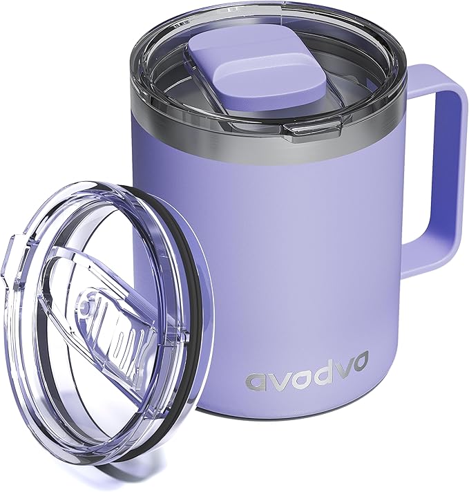 12oz Insulated Coffee Mug with Lid â Includes Two Lids, Stainless Steel Coffee Travel Mug with Handle, Double Wall Vacuum Insulated Camping Mug for Home, Office & Outdoor, Periwinkle Purple