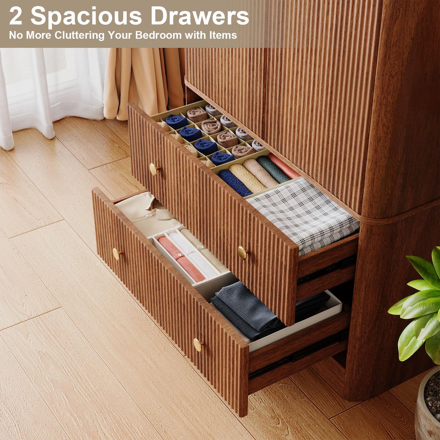 EVLIQUIL Mid-Century Modern Bedroom Armoires Wardrobe - 66" Clothing Storage Organizer with 2 Spacious Drawers & Hanging Rod, Freestanding Space-Saving Walnut Finish, Walnut