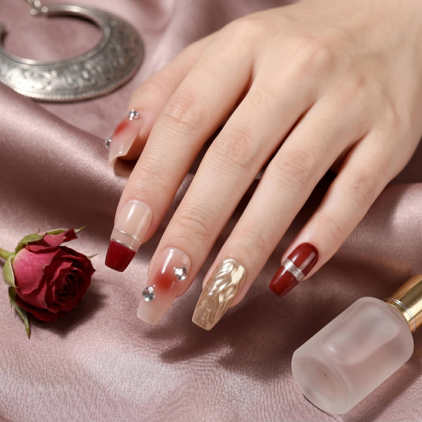 Sun&Beam Nails Handmade Press-on Medium Long Coffin Ballerina Red Nude Gold Gradation Design False Nail Tips 10 Pcs (#043 XS)