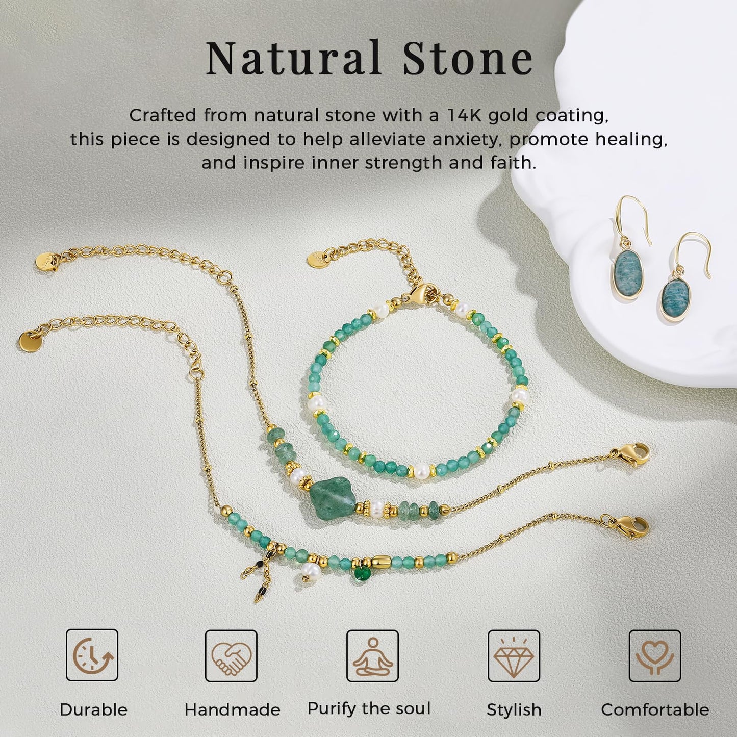 POMODA Beaded Bracelets Set for Women Stackable Healing Layered Bracelets Stack 3PCS Aquamarine Gemstone Crystal Dainty Boho Summer Jewelry for Women Natural Stone 14k Gold Plated