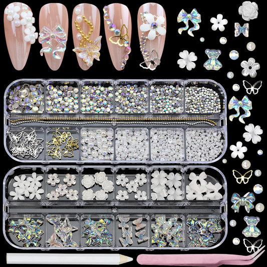 SEMATA White Flower Nail Art Charms 3D Flower Bow Nail Gems Mixed Size Flatback Nails Pearls Rhinestones Gold Silver Butterfly Nails Art Accessories Decoration Design for Women