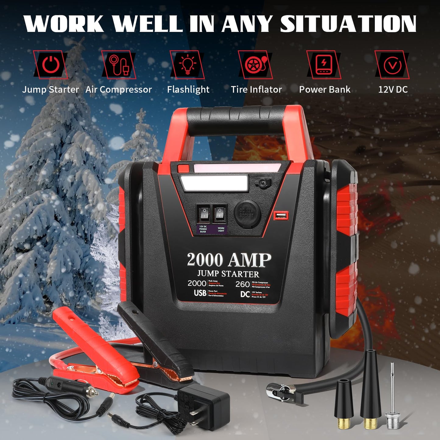 Jump Starter with Air Compressor,2000A Car Battery Jumper Starter 260 PSI Tire Inflator,6 in 1 Auto Lead-Acid Battery Booster Jump Starter for Up to 10.0L Gas or 8.0L Diesel with LED Light