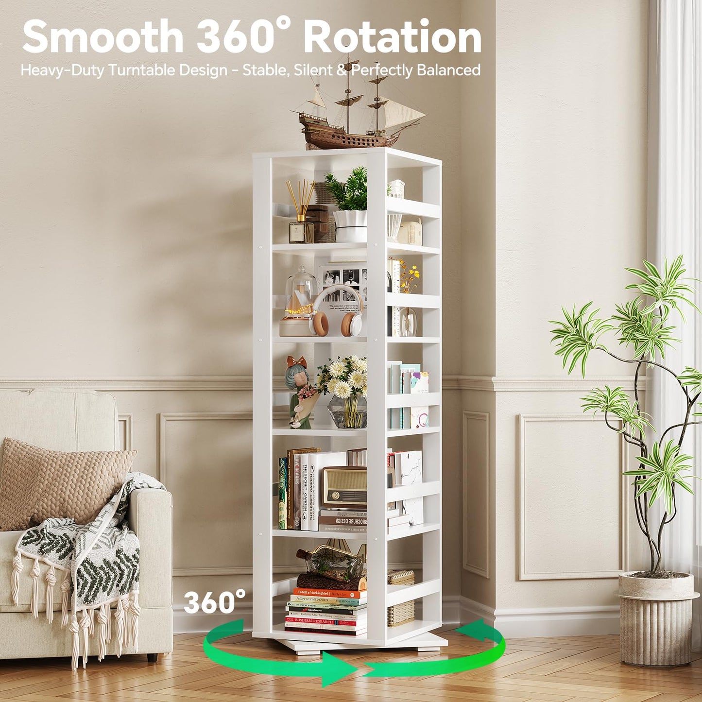 Homykic Rotating Bookshelf, Bamboo 360 Display Spinning Bookshelf Tower, 5-Tier Small Corner Bookcase for Small Spaces, Narrow Revolving Book Shelf Organizer Rack for Home Office, White