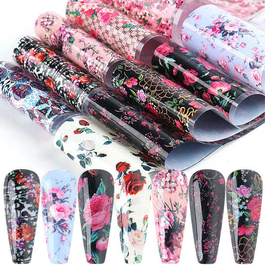 Flowers Holographic Nail Foil Stickers Decals, Floral Nail Polish Sheets Sky Starry Paper Transfer Foils Rose Nails Supplies for Nail Transfer Glue Women Manicure Film Decorations