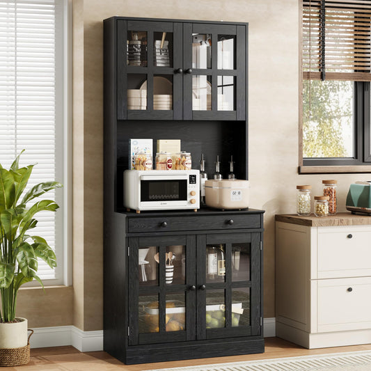 Garvee 72 Inch Kitchen Pantry Cabinet with Glass Doors, Drawer and Adjustable Shelves, Farmhouse Tall Storage Cabinet with Open Countertop, Coffee Bar Cabinet for Coffee Corner, Black