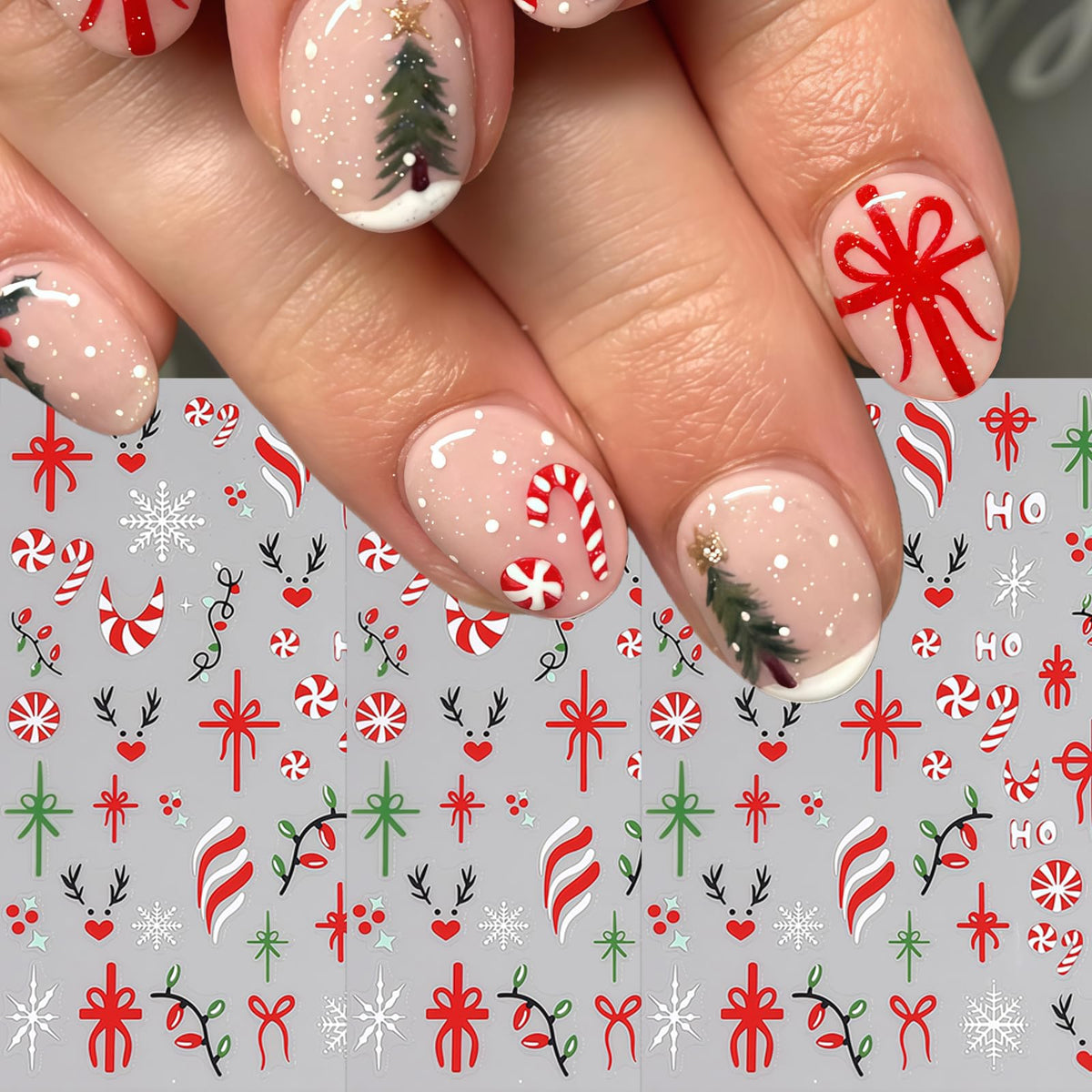 Christmas Gift Bow Nail Art Stickers 3D Self-Adhesive Christmas Candy Nail Art Stickers Christmas Elk Light Nail Decals Snowflake Bow HO Letter Nail Design Nail Supplies for Women DIY Nail Decorations