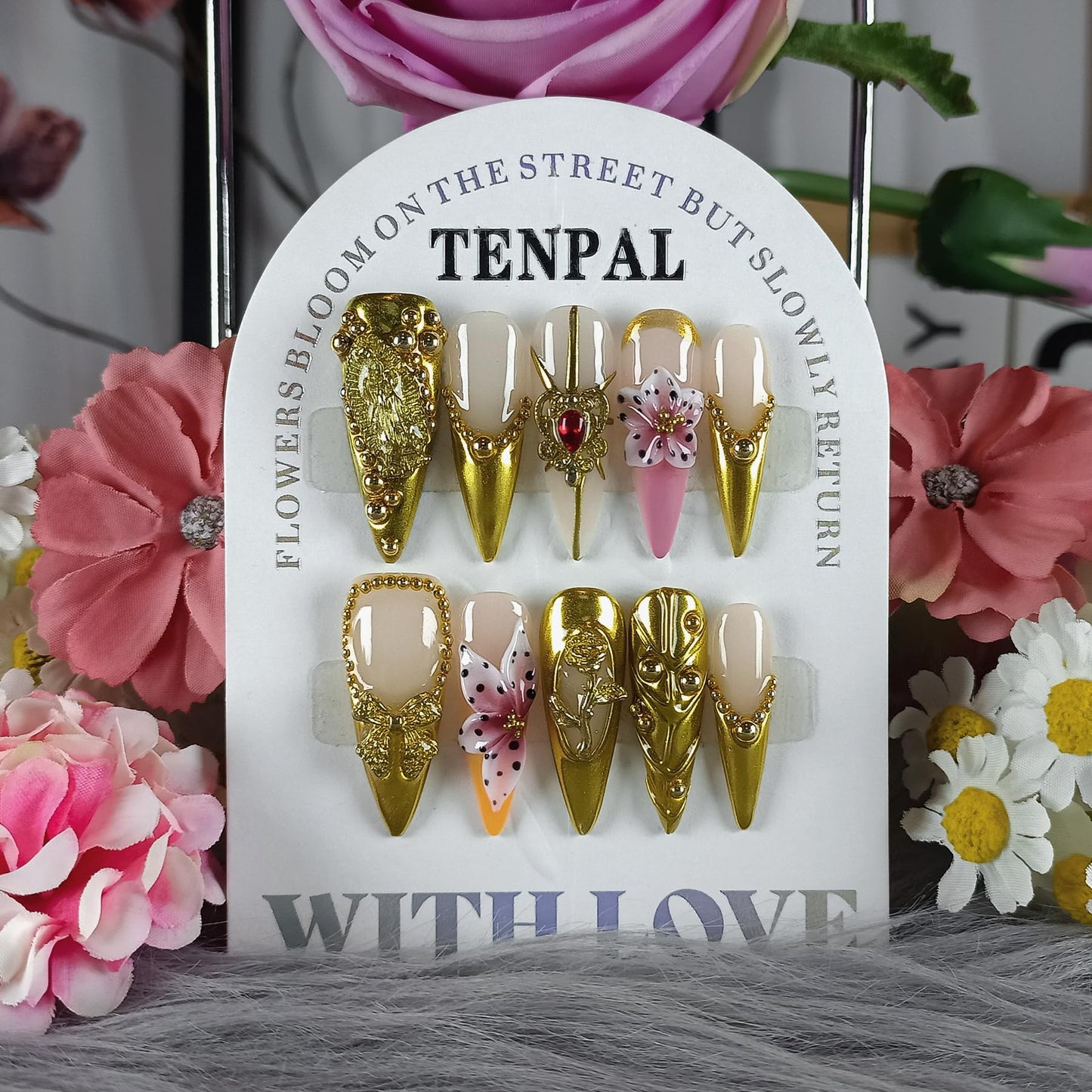 TENPAL Antique Gold French Tips Press on Nails Long Stiletto,Baroque Style Fake Nails with 3D Charms Roses,Cherubs,Bows,Soft Gel Metallic Fake Nails Kit Tools 10pcs,Full Cover Vintage Luxe Nails(S)