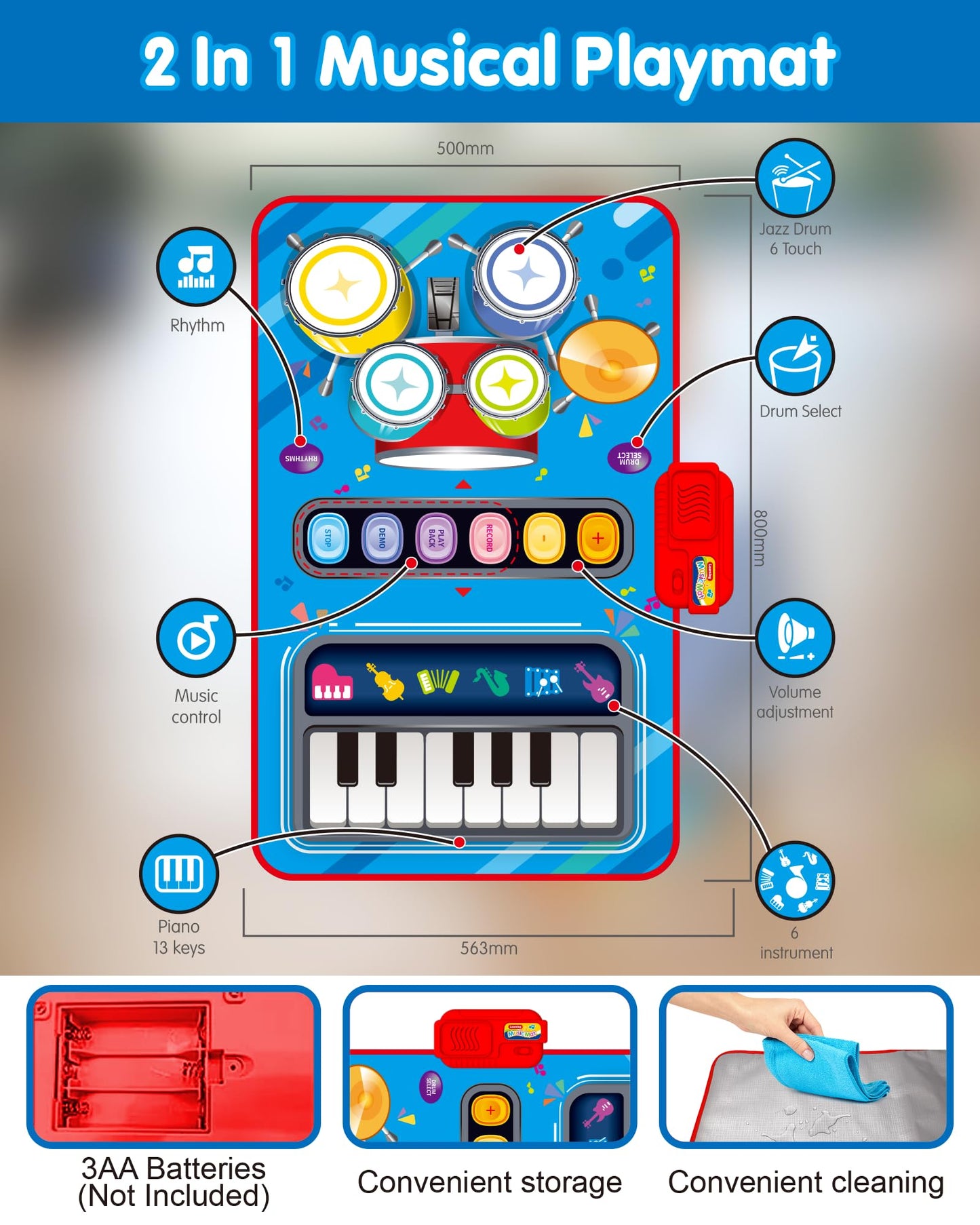 DQMOON Toys for 1 Year Old Boy Gifts, Baby Musical Mat with Piano & Drum, Adjustable Volume, 12-18 Months Toddler Toys, Christmas Birthday Easter Gifts for 1-2 Year Olds Boys Girls (Blue)