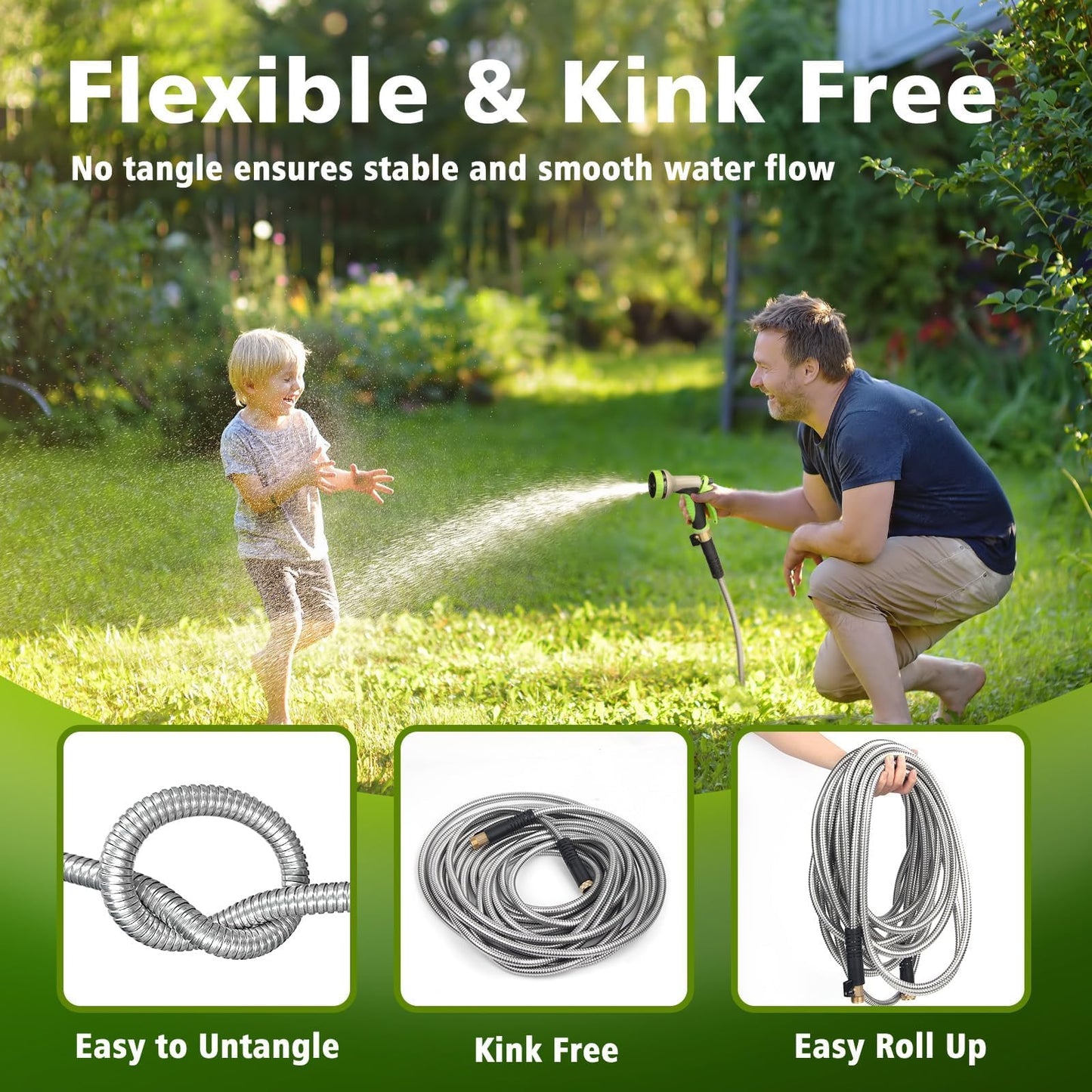 Svansea Metal Garden Hose 25ft Stainless Steel Hose Heavy Duty Flexible Water Hose with 10 Way Spray Nozzle 3/4 Solid Brass Fittings-Outdoor Yard Lightweight No Kink Leak Resistant Water Pipe