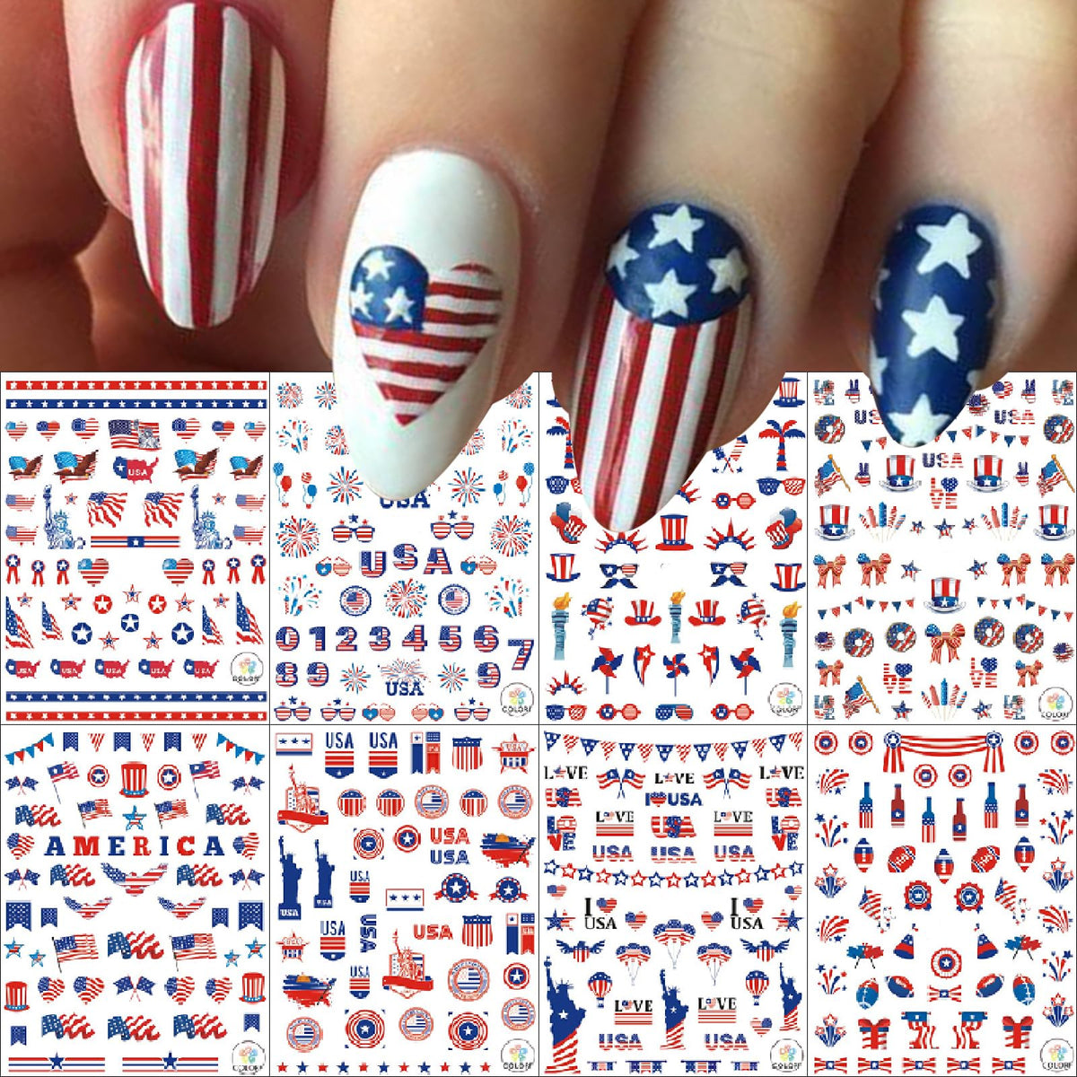 8 Sheets July 4th Nail Art Stickers Independence Day American Flag 3D Self-Adhesive Patriotic Eagle Star Memorial Day Nail Supplies Women DIY Nail Decorations