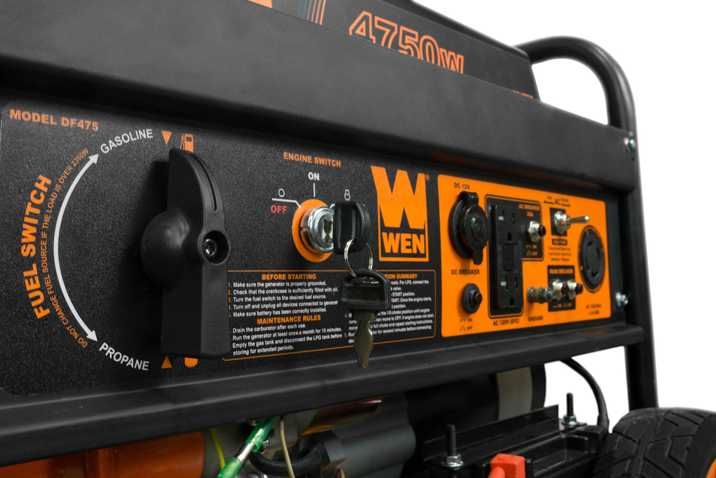 WEN 4,750-Watt 120V/240V Dual Fuel Portable Generator with Wheel Kit and Electric Start (DF475T)