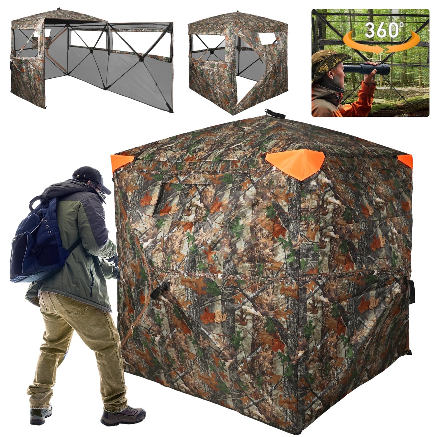 FUNHORUN Hunting Blind 360 Degree See Through Double Door Ground Blind for Hunting, 2/3 Person Pop Up Portable 58" Camouflage Deer/Turkey Tent with Blaze Orange Panels