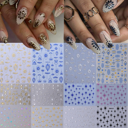 Bohemian Stickers for Nail Art 12PCS Boho Styles Nail Decals Blue Totem Gothic Nails Art Desigsn Metallic Gold Silver Star Self-Adhesive Sliders for Gel Polish Acrylic Supplies DIY Manicure Decor