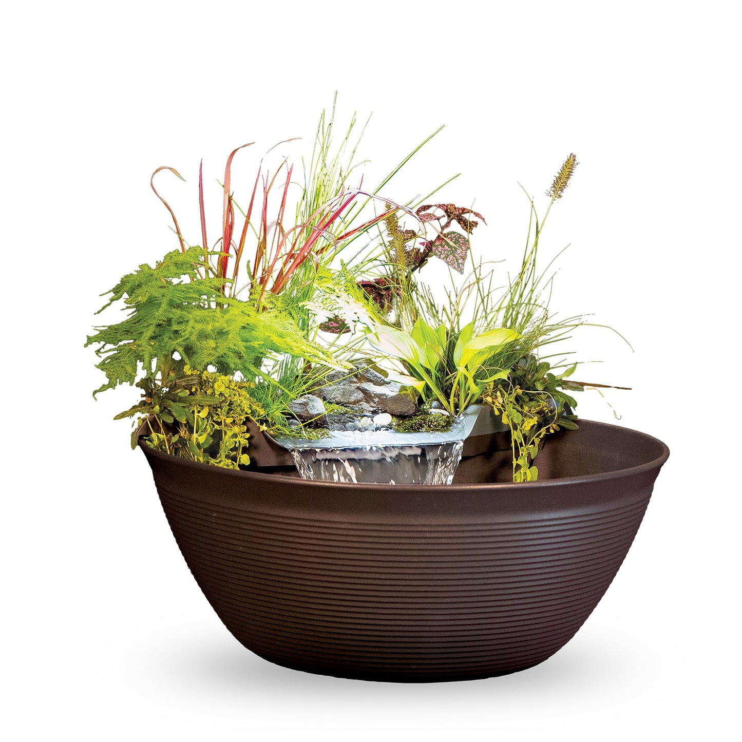 Aquascape AquaGarden Container Water Feature Kit – Indoor & Outdoor Mini Pond with Waterfall Fountain, Pump & Filtration for Home & Patio, Brown