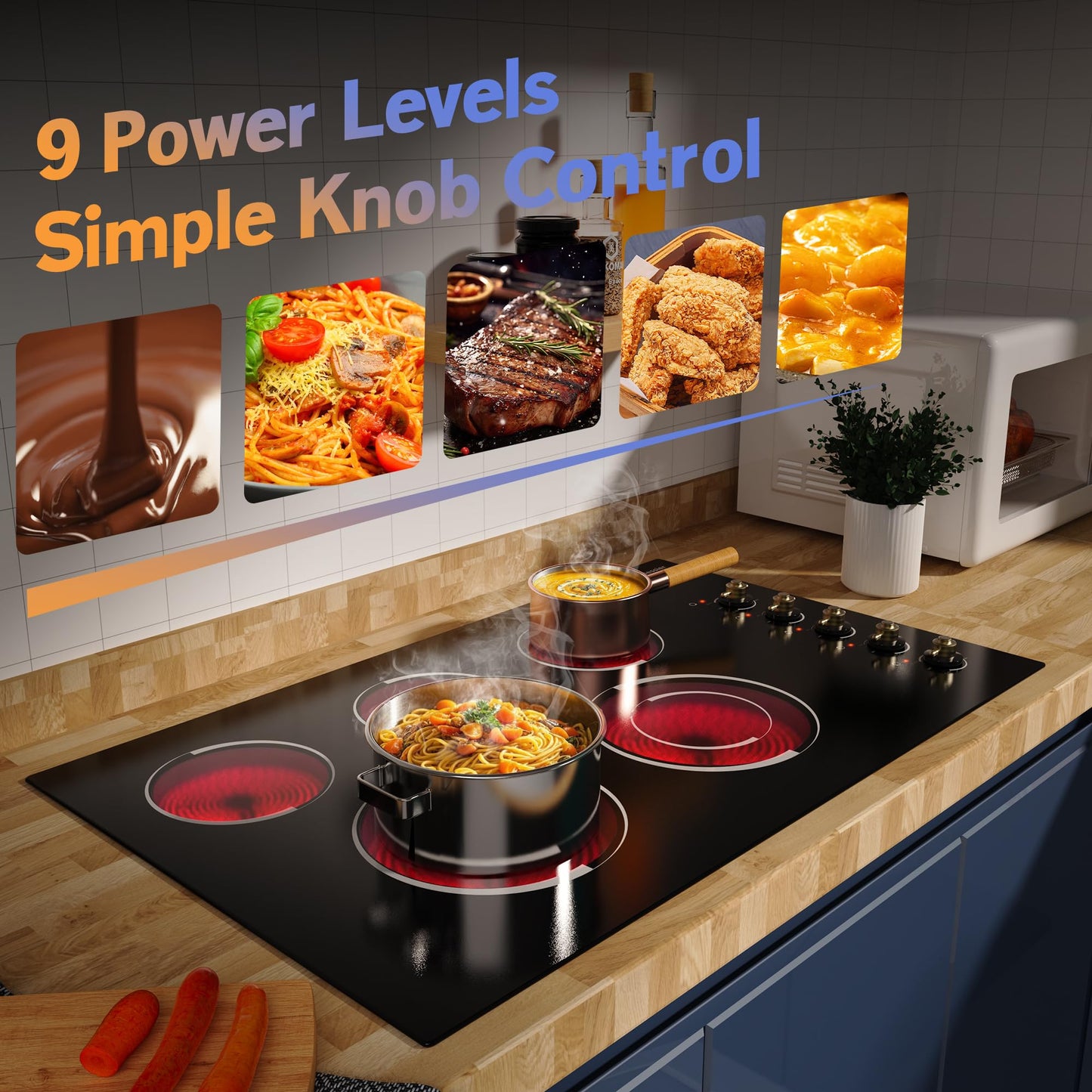 Jessier Electric Cooktop 36 Inch - Drop-in(34.25"x19.3") 5 Burner Electric Stove Top 8400W High Power, 36" Ceramic Cooktop Stove with Knob Touch, Dual Ring, Overheat Protection, 220-240V Hard Wired