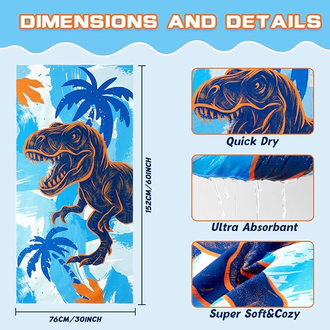 WERNNSAI Dinosaur Kids Beach Towel for Boys - 30” x 60” Quick Dry Sand-Free Swim Towels for Boys Super Soft Absorbent Towel, Pool Camping Travel Bath Towel for Outdoor Sports Picnic