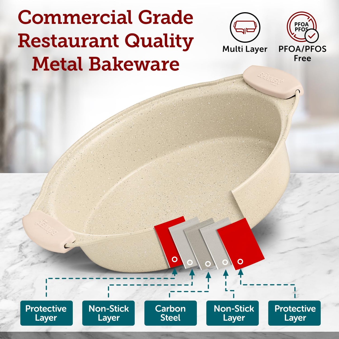 BAKKENMASTER 6-Piece Deluxe Nonstick Baking Pan Set - Professional Grade Carbon Steel Bakeware with White Marble Coating & Silicone Handles