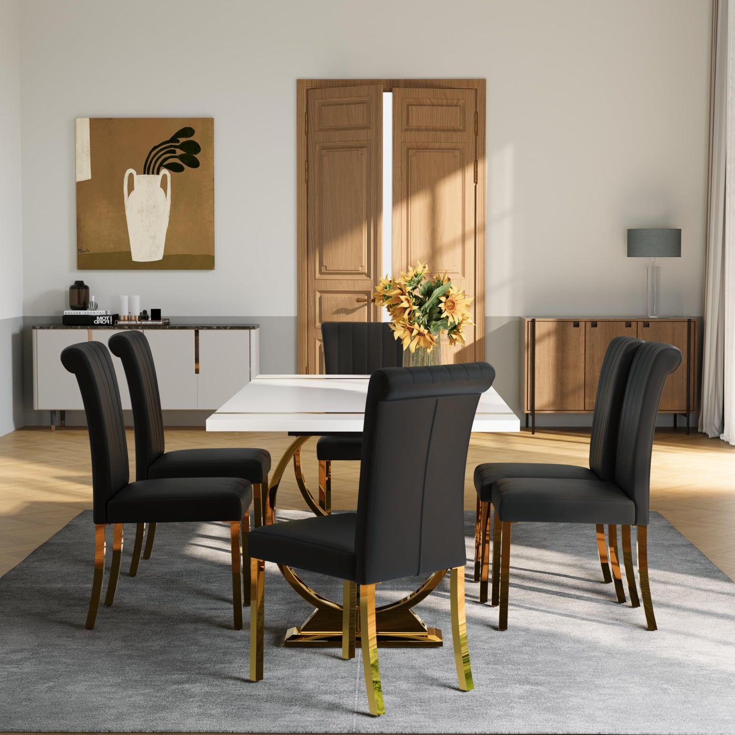 Asday Dining Table Set with 6 Chairs PU Upholstered, 80 Inch White Dining Table Polished Gold U Shape Legs, Modern Rectangle Dinner Table Set for Kitchen