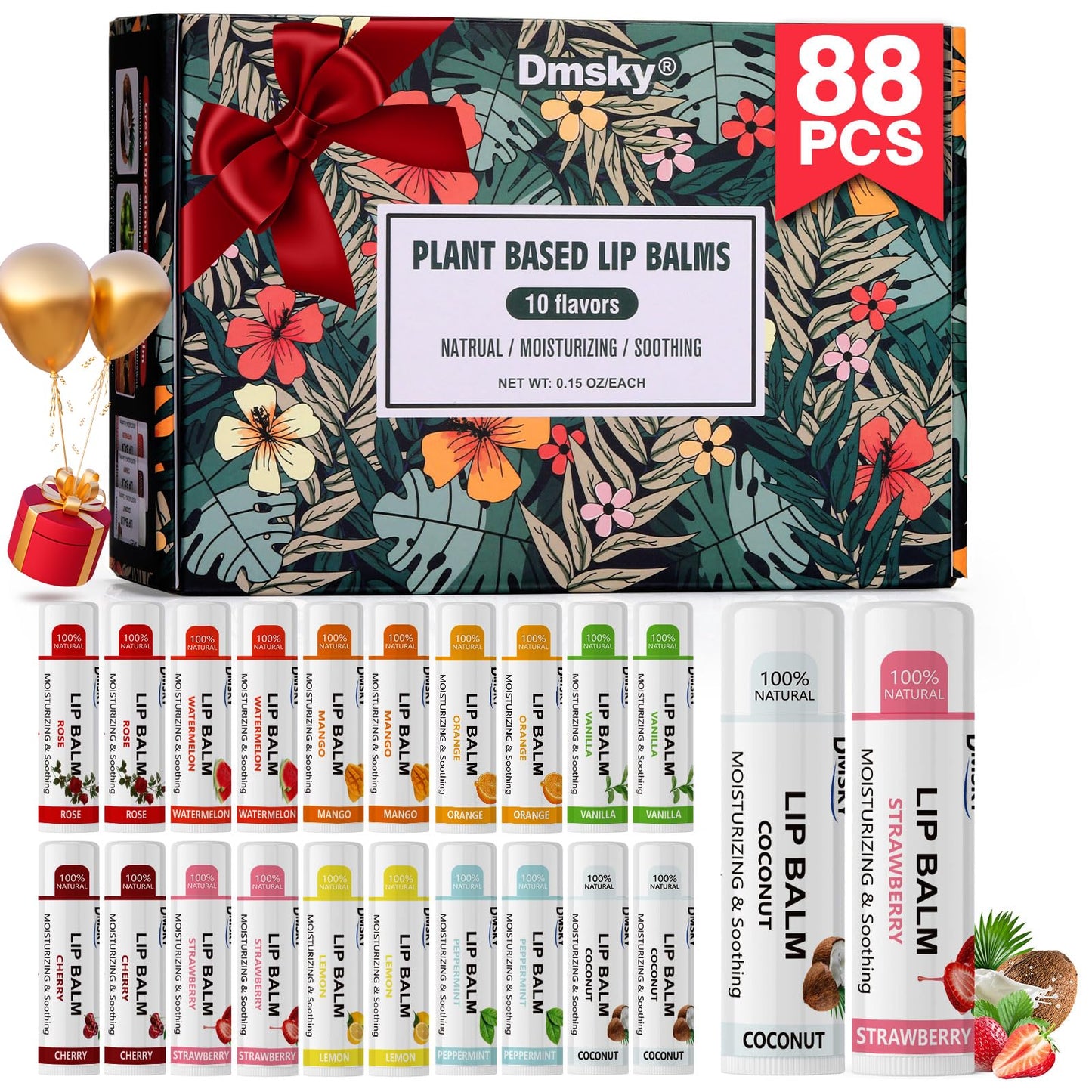 88 Pack Lip Balm Bulk, Fruit Lip Balm Variety Pack, Natural Moisturizing Balms for Dry Cracked Lips, Hydrating for Men Women Kids - 10 Flavors
