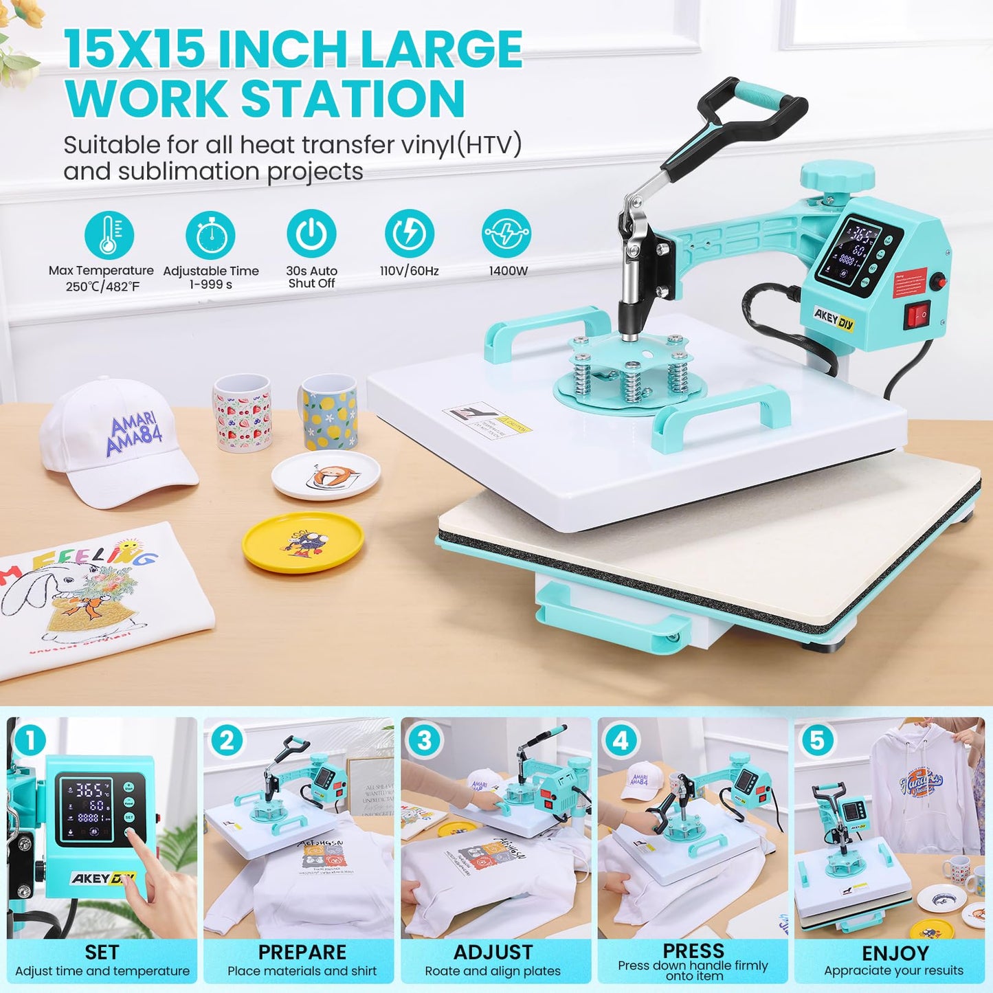 AKEYDIY Heat Press 15x15 inch 5 in 1 with 30OZ Tumbler Press, 360° Swivel Away Slide Out Digital Shirt Press Machine, Industrial Heat Transfer Machine Sublimation for T-Shirt