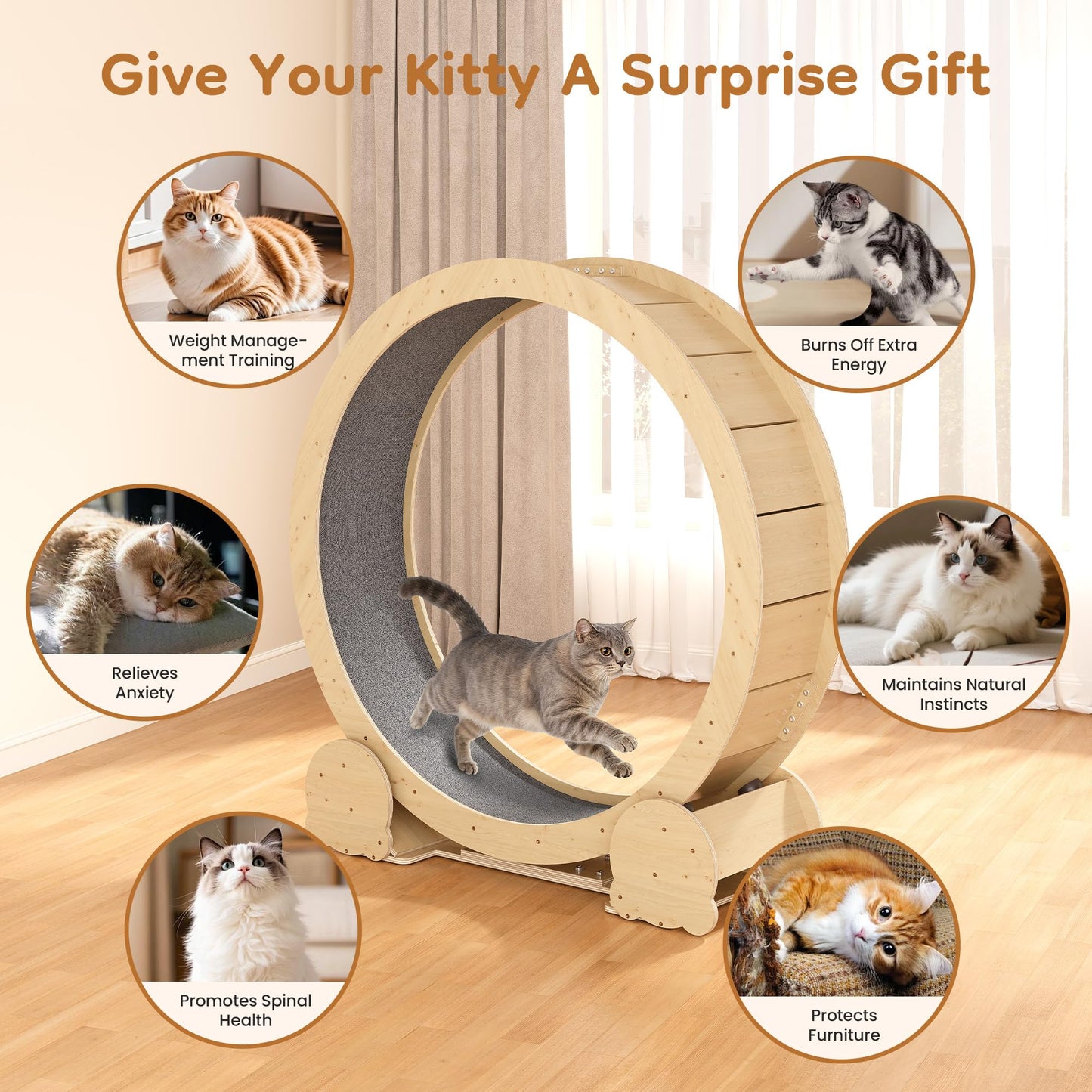 FansaFurn Cat Exercise Wheel for Indoor Cats – 46" Running Treadmill with Felt Track, Perfect for Small & Adult Cats, Natural Wood Color