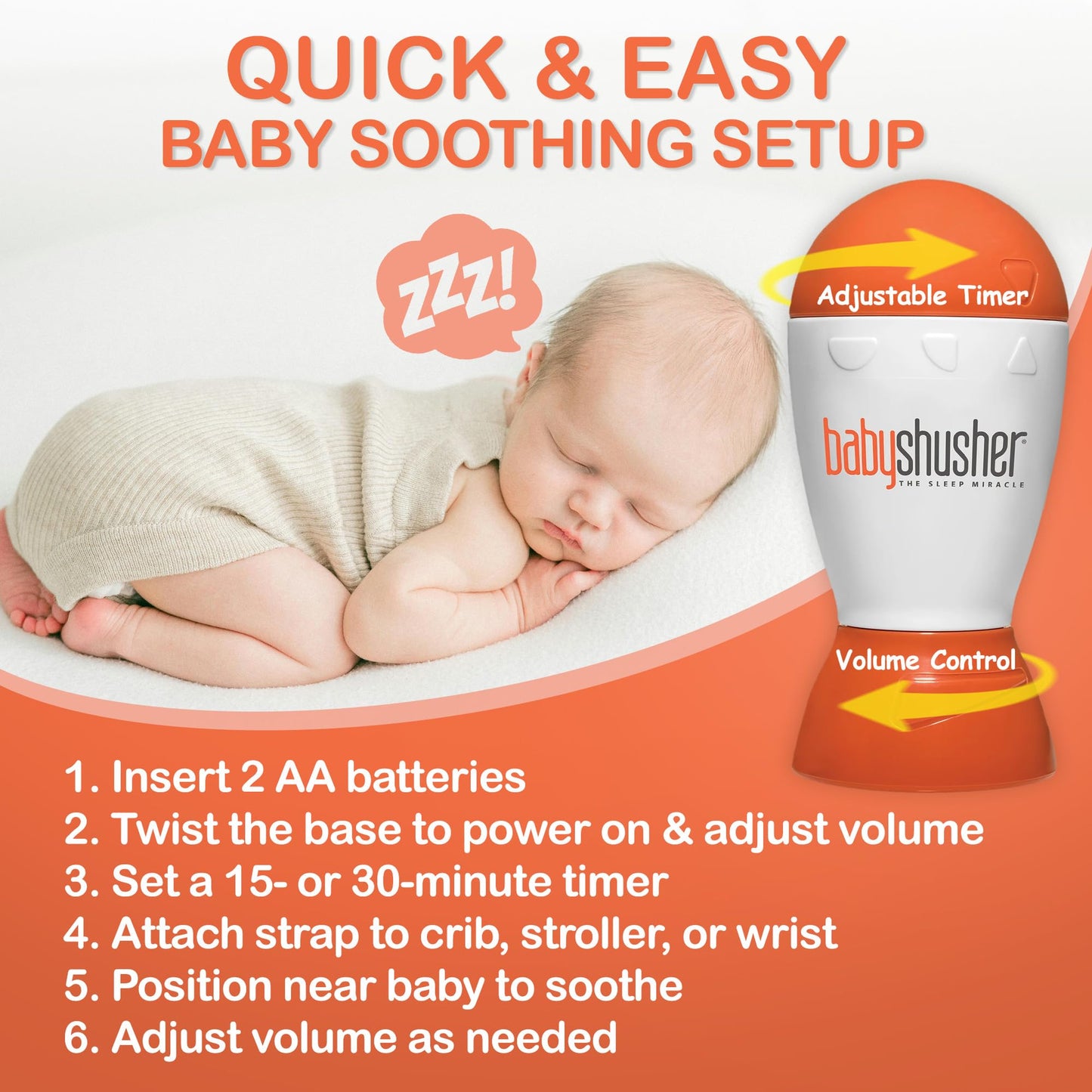 Baby Shusher Portable Sound Machine - Mom-Like 'Shh!' Sound for Baby, Sleeping Soother, Newborn Essentials for Crib, Battery Operated Hush, Travel Friendly, Shower & Registry Gift - 1 Count