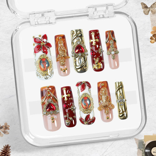 Handmade Gothic Press on Nails, Gold Cross Charm Long Square Nails, Luxury 3D Sacred Heart Angel Design False Nails, Reusable Full Cover 10pcs Set – Appife