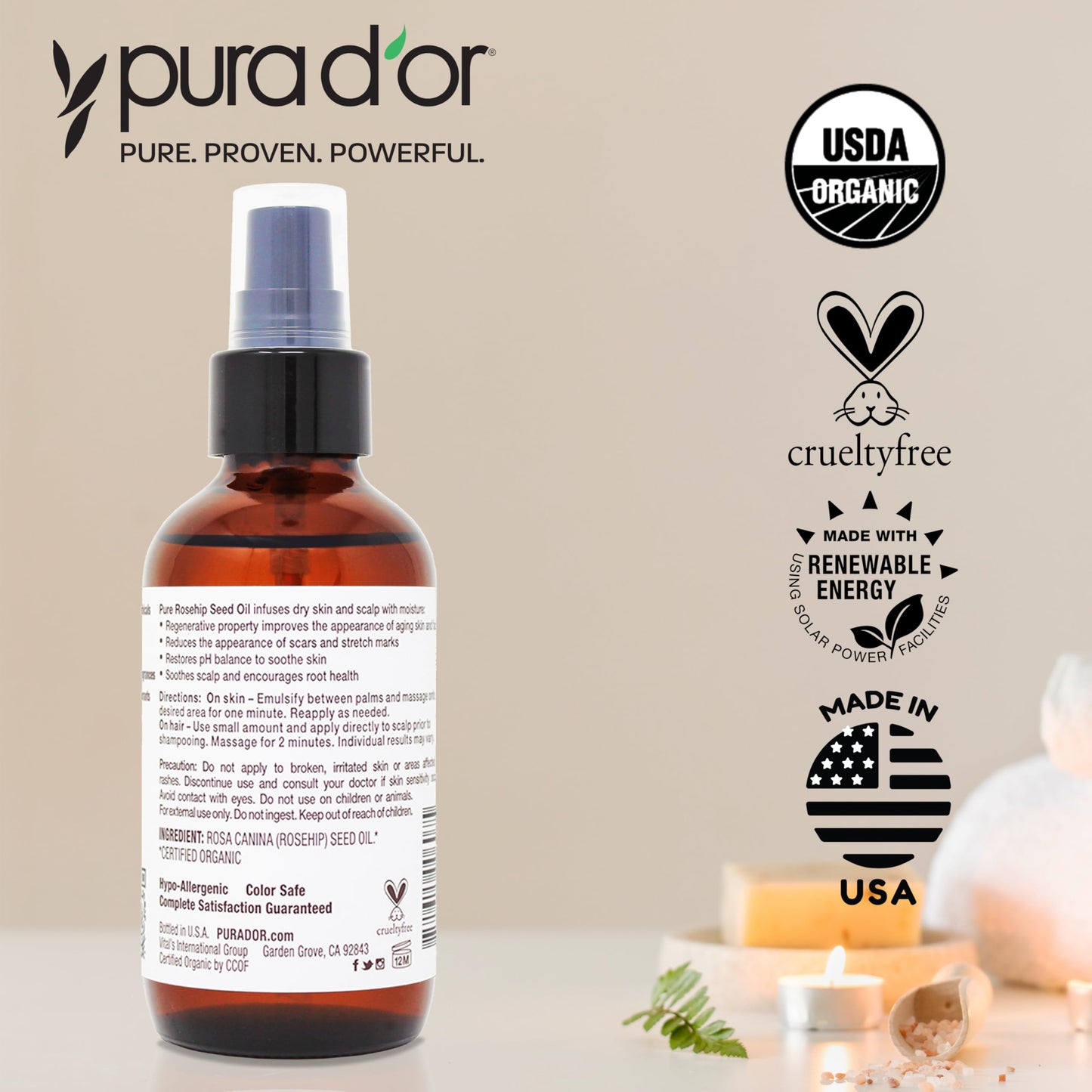 PURA D'OR 4 Oz ORGANIC Rosehip Seed Oil - 100% Pure Cold Pressed USDA Certified Anti-Aging Treatment - Vitamin A & C Rich - Helps Fade Appearance of Scars & Stretch Marks - For Face, Hair & Body