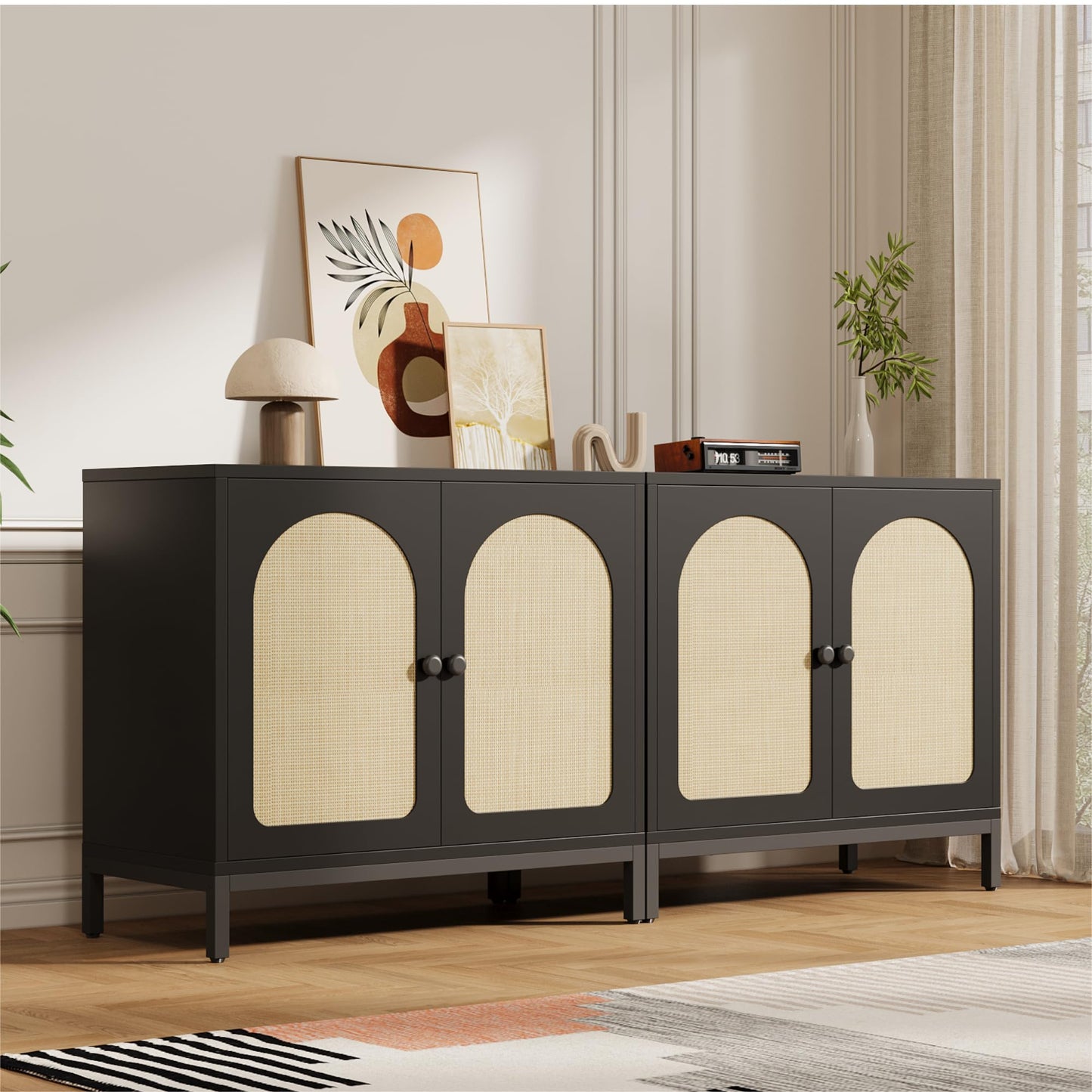 GarveeHome Rattan Sideboard Buffet Cabinet Set of 2, Boho Accent Kitchen Storage Liquor Bar Console Cabinet with Adjustable Shelf for Living Room, Hallway, Black