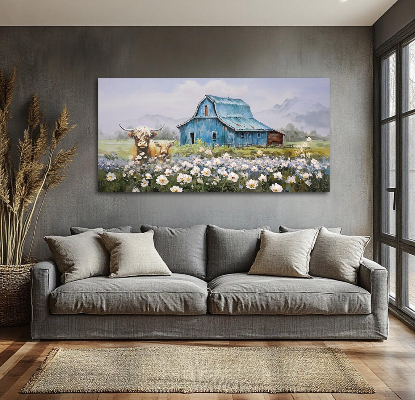 Anolyfi Highland Cow Farmhouse Wall Art for Living Room, Blue Barn Paintings Warm and Cozy Decor for Bedroom Dining Room Home Hallway, Framed 58"x29"
