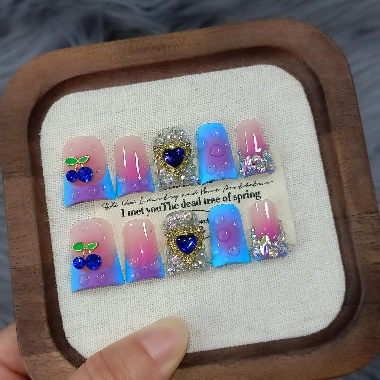 TENPAL Handmade French Tips Press on Duck Nails Kits - Icy Blue Purple Ombre Duckbill Nails with 3D Cherry Design, Acrylic Glossy Y2K False Nails for Women Girls Daily Parties(S)