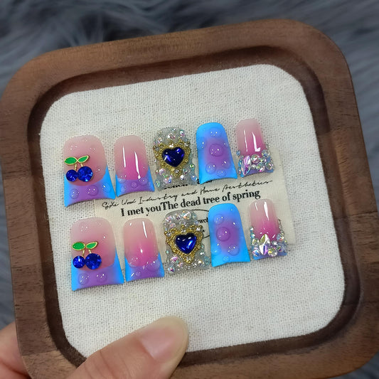 TENPAL Handmade French Tips Press on Duck Nails Kits - Icy Blue Purple Ombre Duckbill Nails with 3D Cherry Design, Acrylic Glossy Y2K False Nails for Women Girls Daily Parties(S)