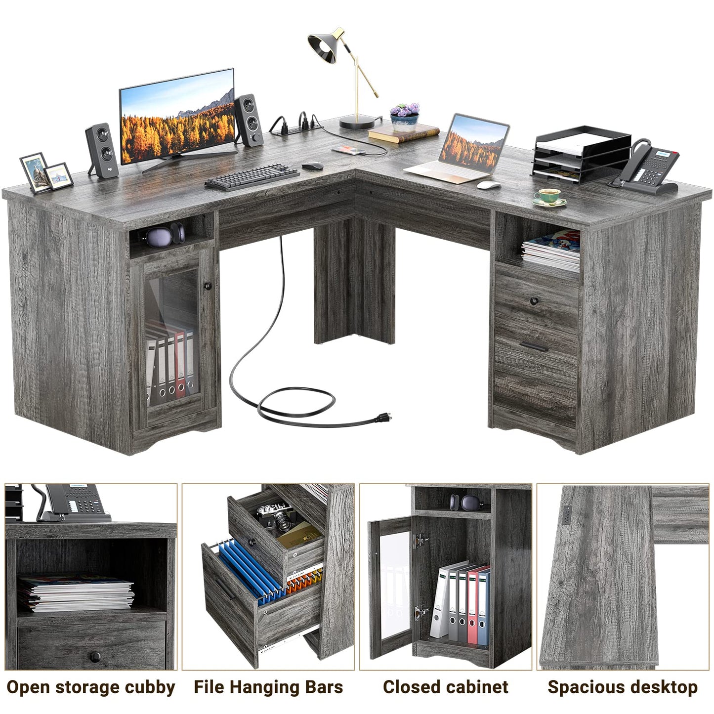 Unikito L Shaped Desk with Drawers, 60 Inch Corner Computer Desks with USB Charging Port and Power Outlet, Large 2 Person Home Office Table with File Cabinet, Black Oak