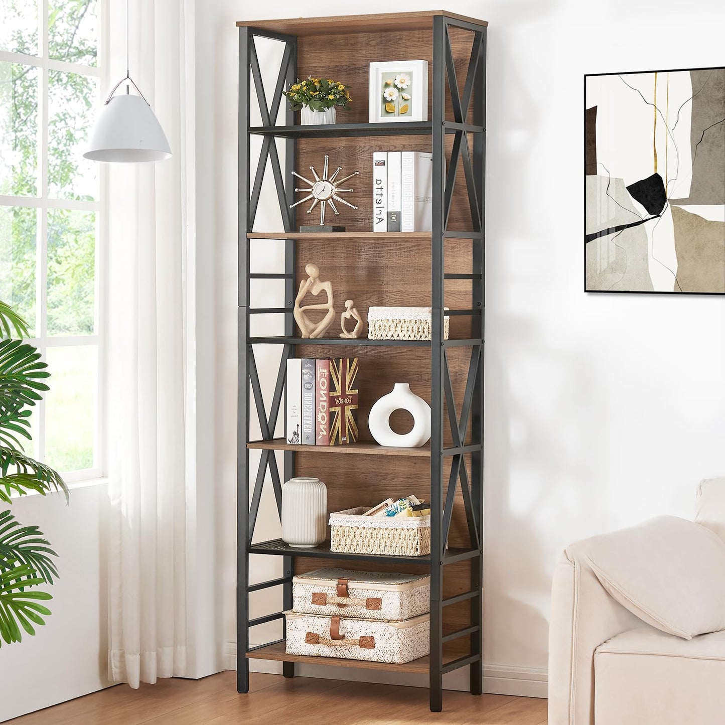 HOMISSUE Tall Bookshelf, 7-Tier Book Shelf, Rustic Wood Metal Bookshelves and Bookcases, Freestanding and Industrial Open Bookcase for Home Office, Living Room and Bedroom, Vintage Brown