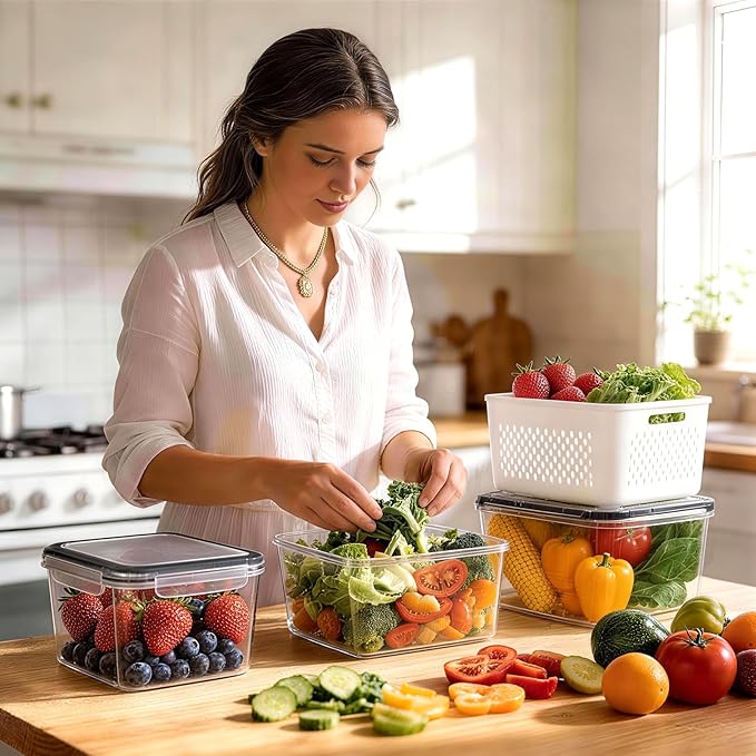 6 PCS Fruit Storage Containers for Fridge with 6 Removable Colanders, BPA Free Fruit Containers for Fridge, Dishwasher & Microwave Safe Produce Containers Keep Fruits, Vegetable, Berry Fresh Longer