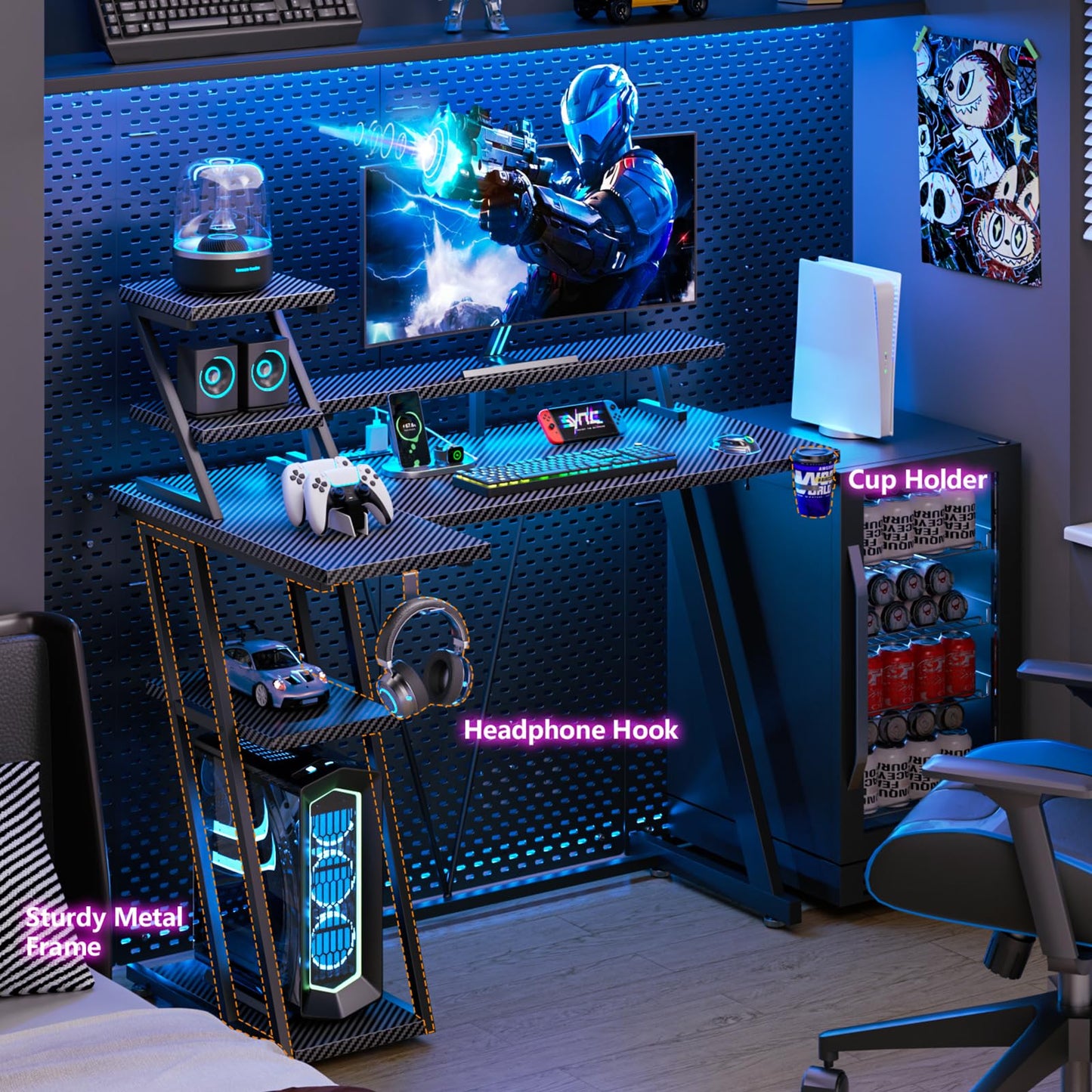 Korfile 39 Inch Gaming Desk with LED Lights & Power Outlet, Small Gaming Computer Desk with Storage Shelves, L Shaped Gamer Workstations with Monitor Stand for Bedroom, Carbon Fiber Black