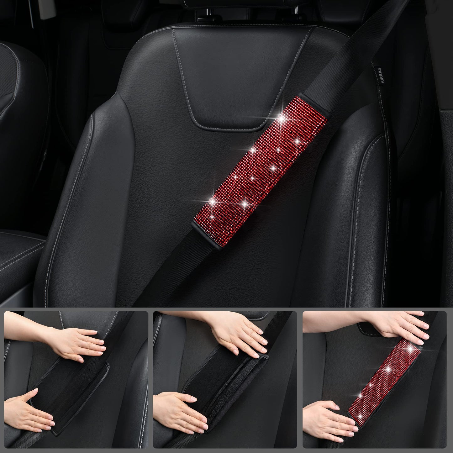 CAR PASS 11 PCS Bling Diamond Car Mats Set for Women Girls, Sparkly Rhinestone Steering Wheel Cover, Waterproof Floor Mats Universal Fit for SUV,Vans,Sedans,Trucks Anti-Slip, Interior Sets Black Red