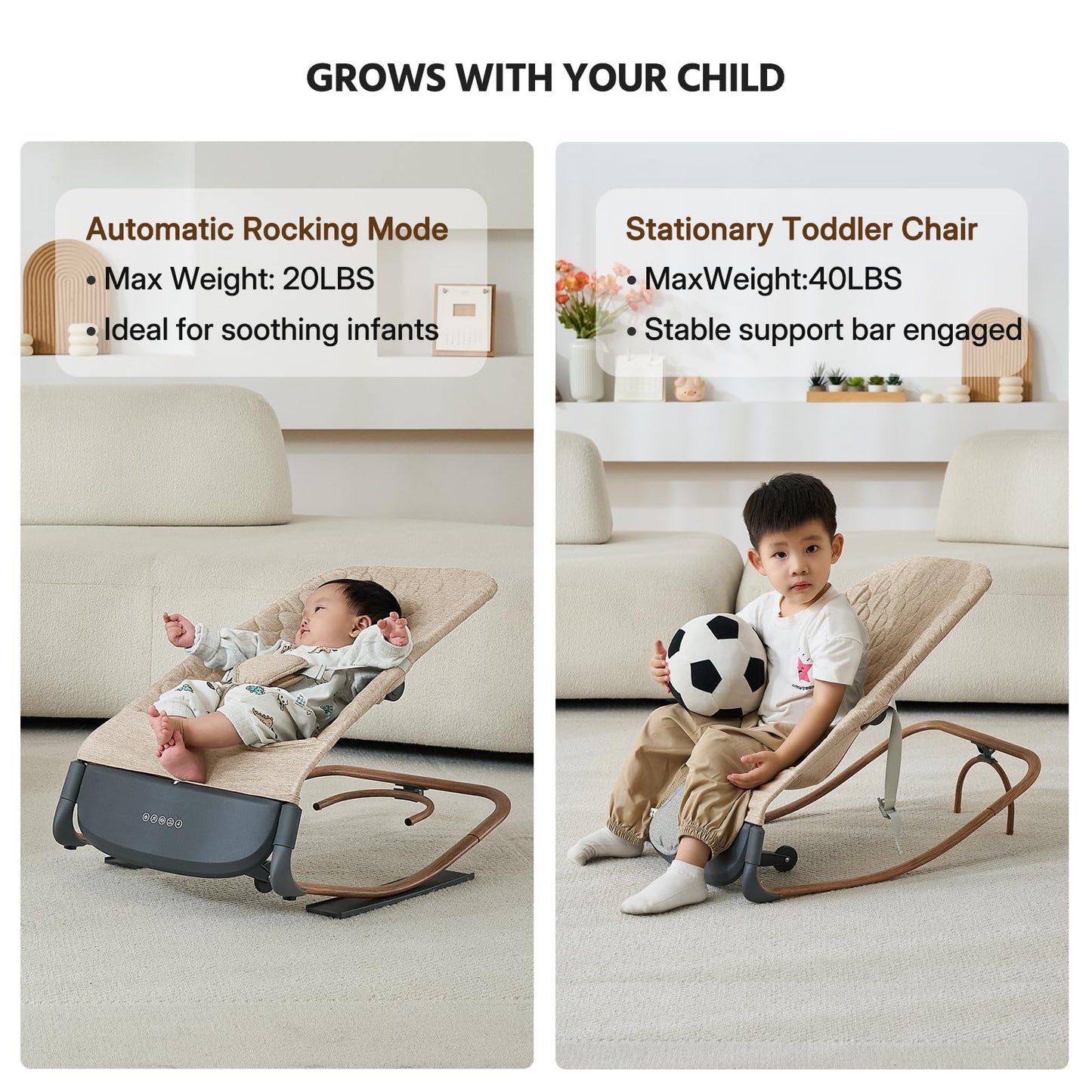VaVaSoo Electric Baby Rocker to Toddler Chair, Automatic Motion with Smart Touch-Start, 3-Level Recline & 8 Melodies, Portable Infant Seat up to 40lbs, ASTM Certified (Battery Type-C Powered)