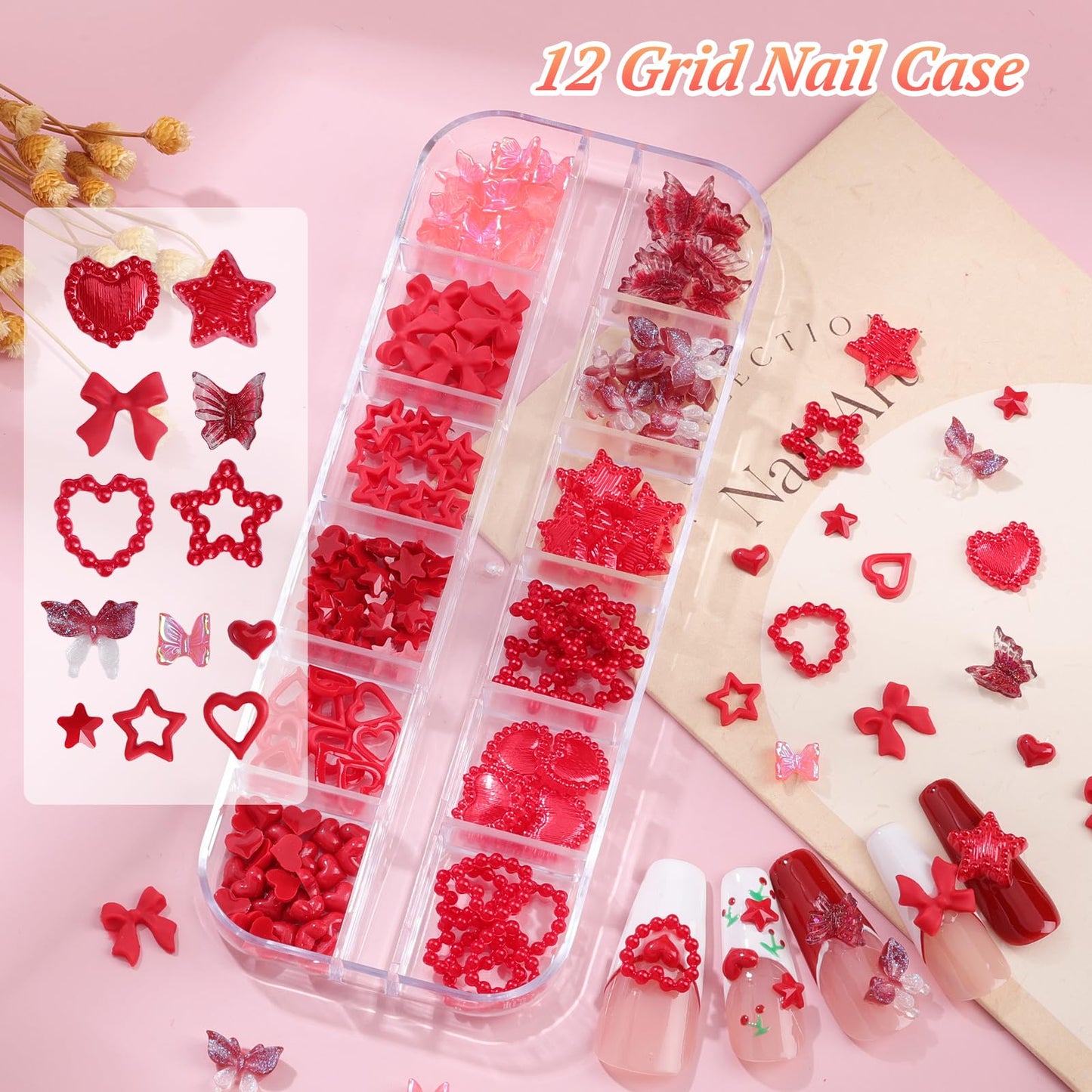 5 Boxes Nail Charms and Gems, 24Pcs Y2k Alloy Nail Art Rhinestone Charms 3D Bow Flower Crown Heart Star with Tweezers and Pick up Tools for Women Nail Design DIY Crafts Face Makeup Gems Jewels(Red)